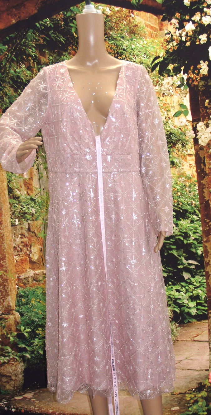 Mac Duggal Pink Embellished V Neck Illusion Long Sleeve Midi Dress Size W16